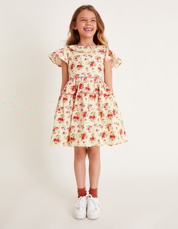 Frilly Short Sleeve Rose Print Dress, Pink (PINK), large
