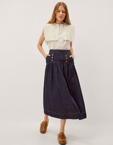 Lucy Button Denim Midi Skirt, Blue (INDIGO), large
