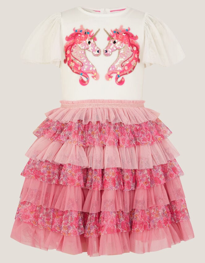 Sequin Unicorn Ruffle Tiered Dress, Pink (PINK), large