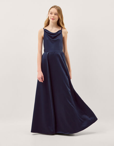 Cowl Neck Satin Prom Dress, Blue (NAVY), large