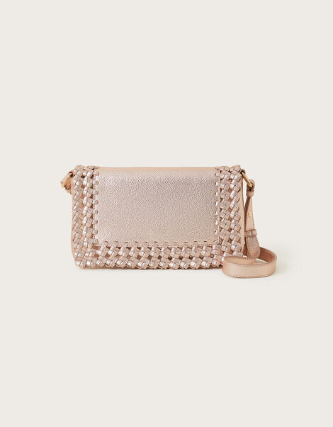 Metallic Leather Woven Cross-Body Bag, , large
