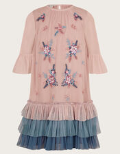 Floral Embellished Tulle Trapeze Dress, Pink (PINK), large