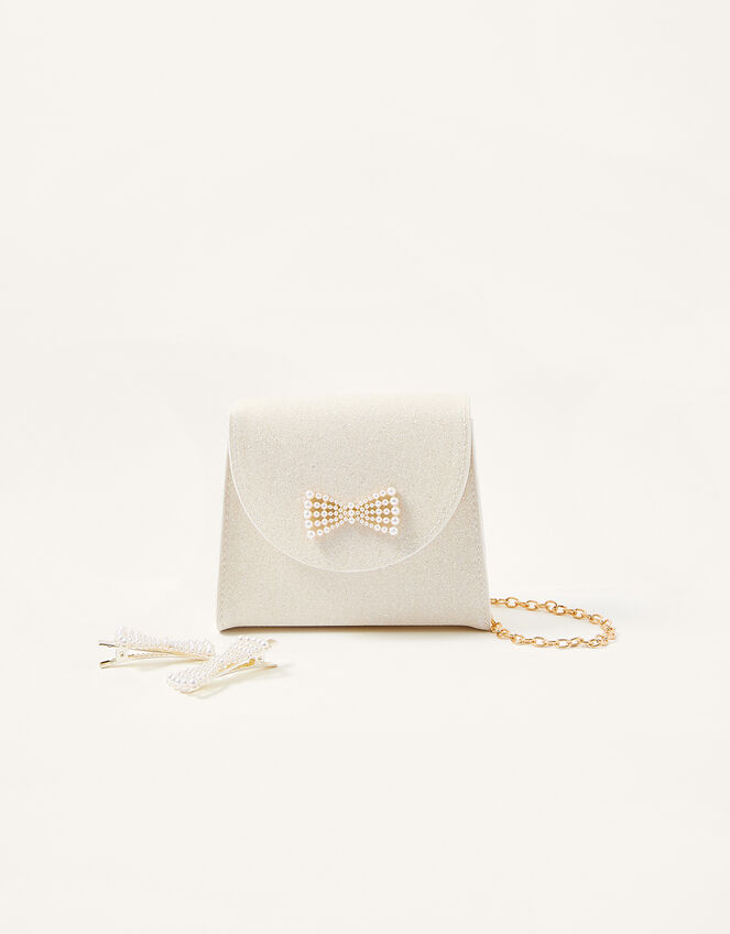 Margo Pearl Bow Bag and Hair Clip Set, , large