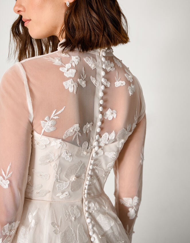 Lorelai Long Sleeve Floral Embellished Mesh Wedding Dress, Ivory (IVORY), large