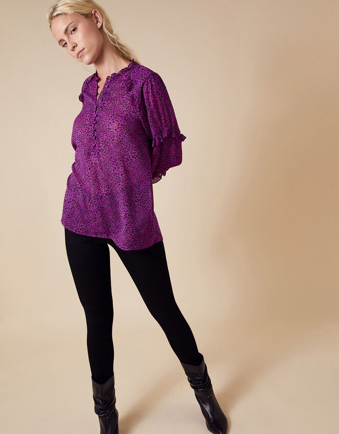 Animal Print Dipped Hem Blouse, Purple (PURPLE), large