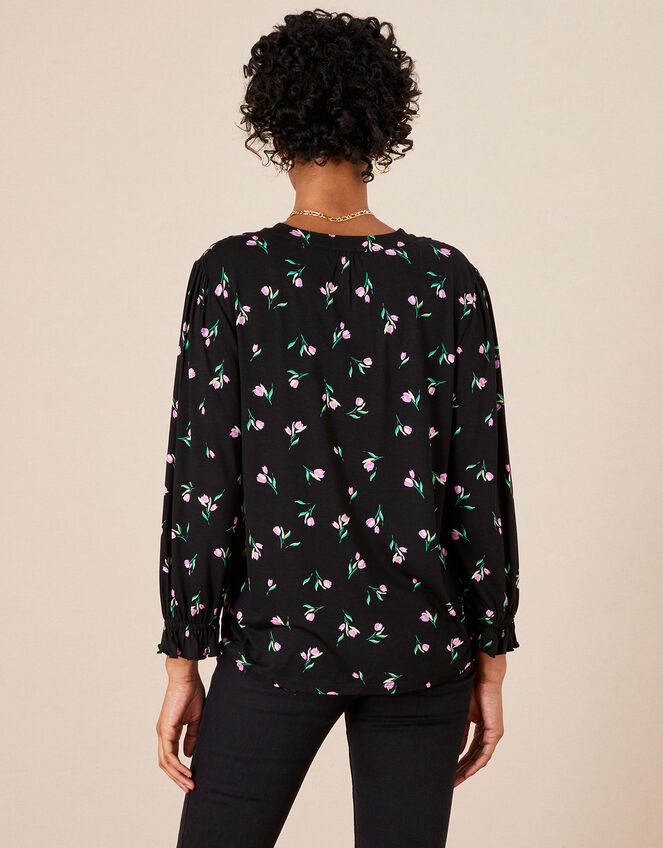 Print Scallop Floral Jersey Blouse, Black (BLACK), large