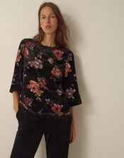 Abril Floral Devor&eacute; Velvet Top , Black (BLACK), large