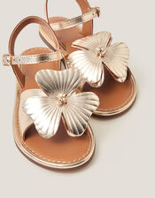 Flower Metallic Leather Sandals, Gold (GOLD), large