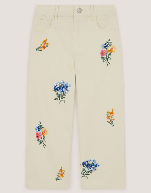 Sequin Floral Embroidered Wide Leg Jeans, Ivory (IVORY), large