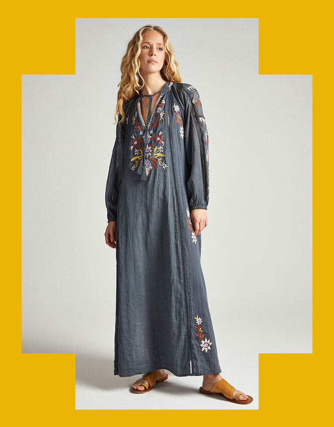 Raffya Eliza Embroidered Shirt Dress , Grey (GREY), large