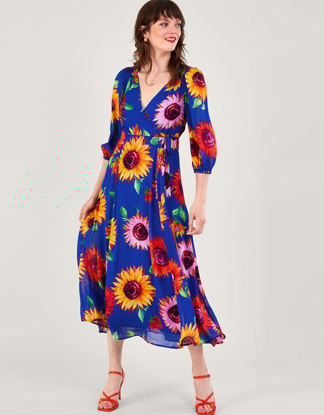 Francesca Floral Print Wrap Dress in Sustainable Viscose, Blue (COBALT), large