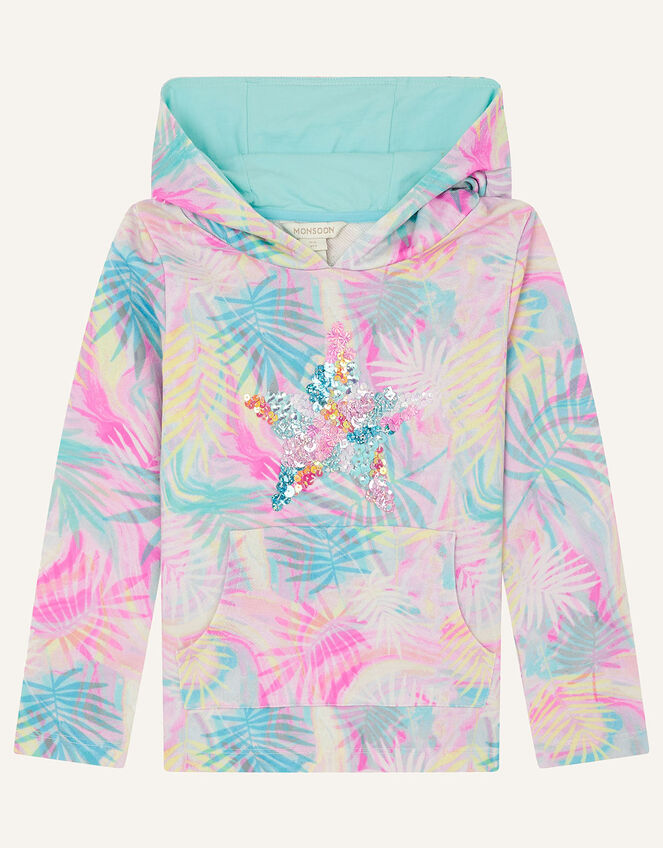 Sequin Star Palm Print Hoody, Blue (TURQUOISE), large