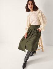 Jillian Pleated Kilt Midi Skirt , Green (KHAKI), large