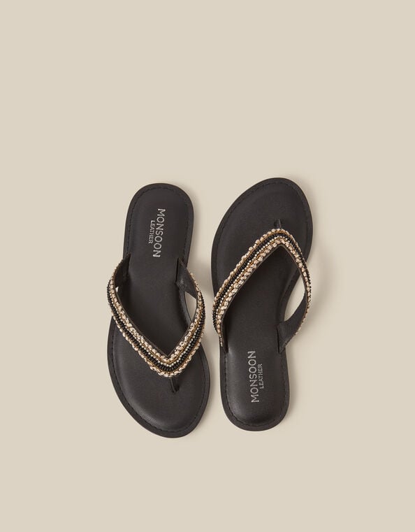 Harper Beaded Leather Flip Flops, Black (BLACK), large