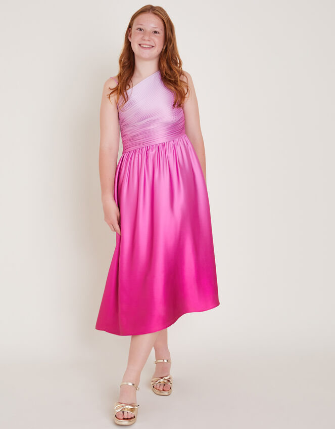 Pleated Ombre Satin Dress, Pink (PINK), large
