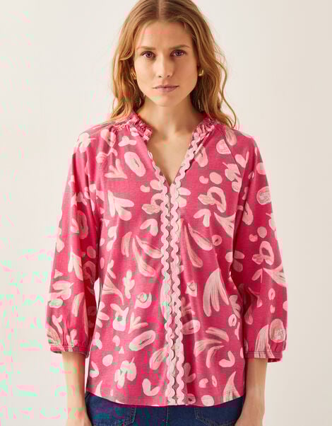 Rosie Abstract Print Jersey Blouse, Pink (PINK), large