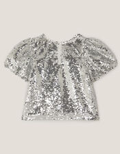 Sequin Puff Sleeve Top, Silver (SILVER), large