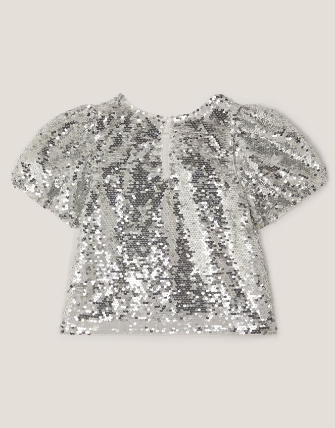 Sequin Puff Sleeve Top, Silver (SILVER), large