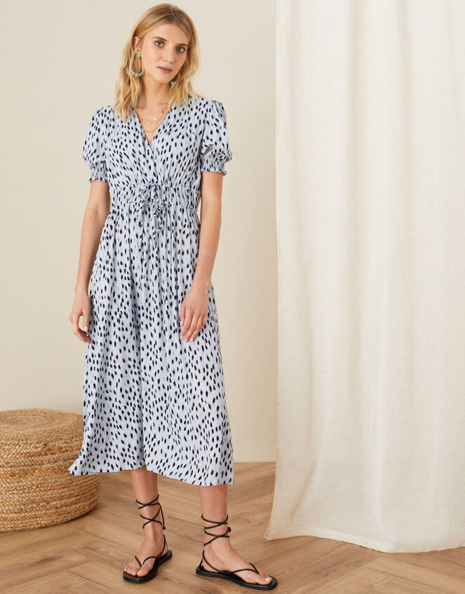 Printed Ruched Midi Dress, Blue (BLUE), large