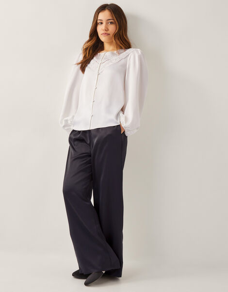 Embroidered Collar Satin Blouse, Ivory (IVORY), large