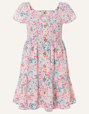 Floral Print Shirred Dress, Pink (PINK), large