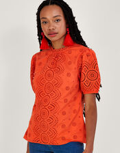 Alessa Cutwork Puff Sleeve Top, Orange (ORANGE), large