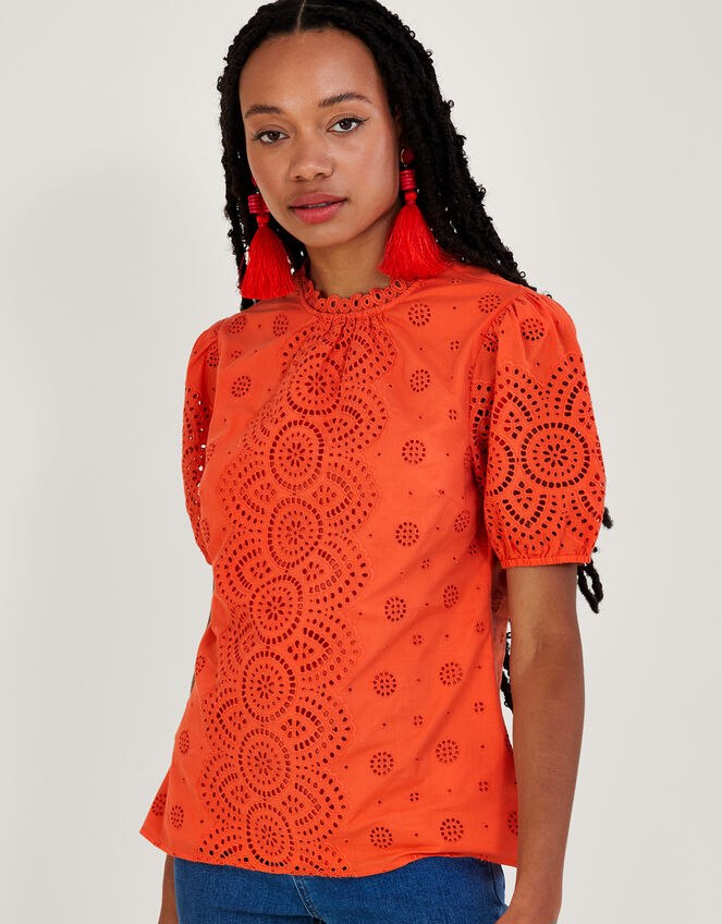 Alessa Cutwork Top with Organic Cotton, Orange (ORANGE), large