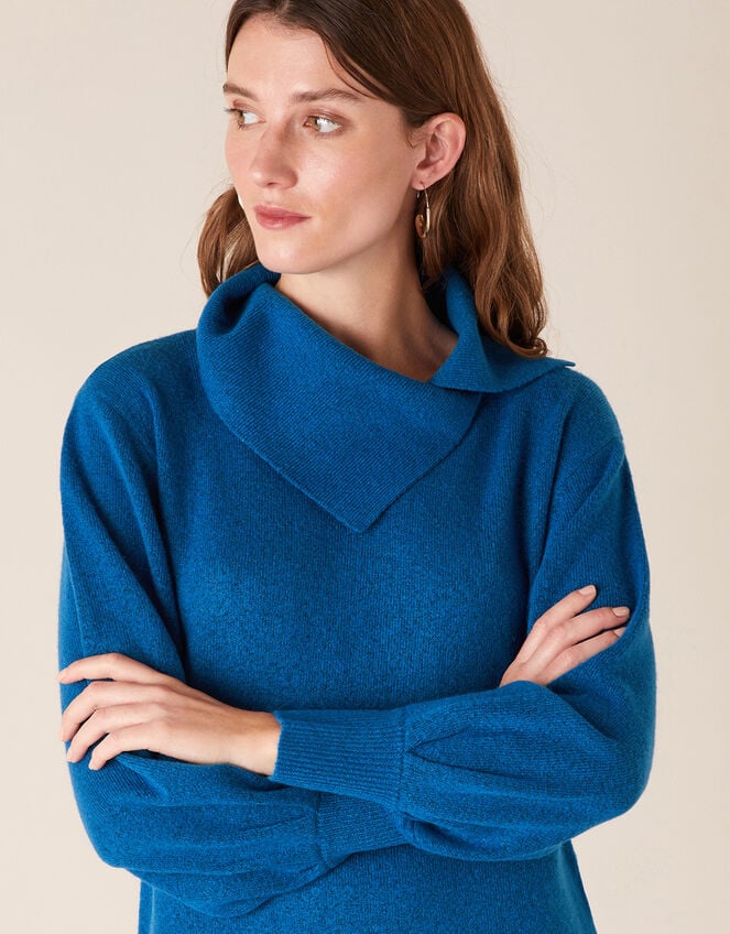Split Neck Knit Dress, Blue (BLUE), large
