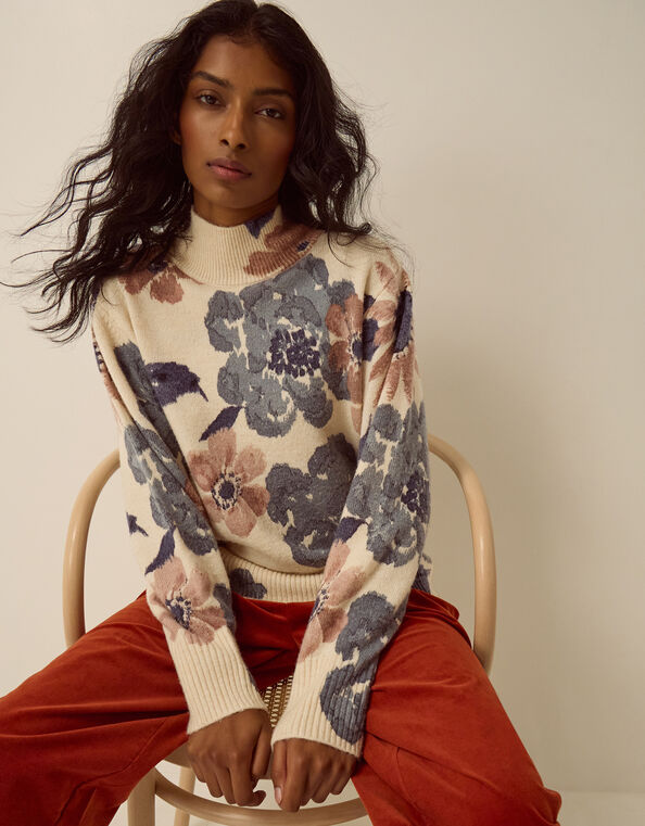 Olive High Neck Floral Sweater, Ivory (IVORY), large