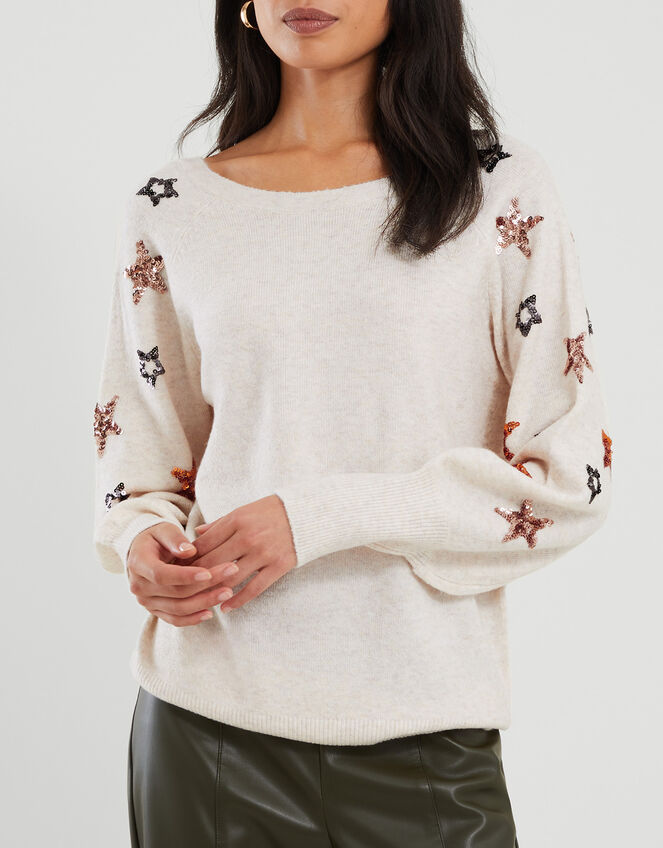 Star Sequin Scoop Neck Jumper, Ivory (IVORY), large
