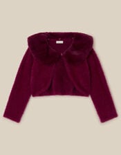 Faux Fur Collar Cardigan, Red (BURGUNDY), large
