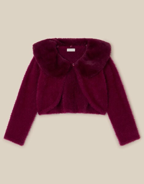 Faux Fur Collar Cardigan, Red (BURGUNDY), large