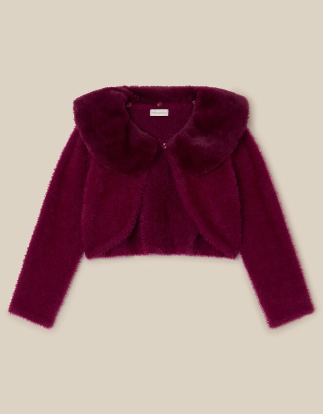 Faux Fur Collar Cardigan, Red (BURGUNDY), large