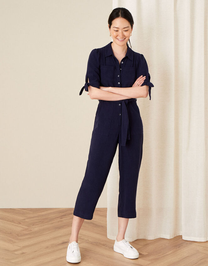 Plain Collared Jumpsuit, Blue (NAVY), large