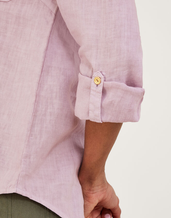 Pocket Detail Collared Linen Shirt , Purple (LILAC), large