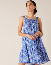 Beaded Neckline Printed Dress, Blue (BLUE), large