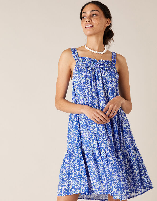 Beaded Neckline Printed Dress, Blue (BLUE), large