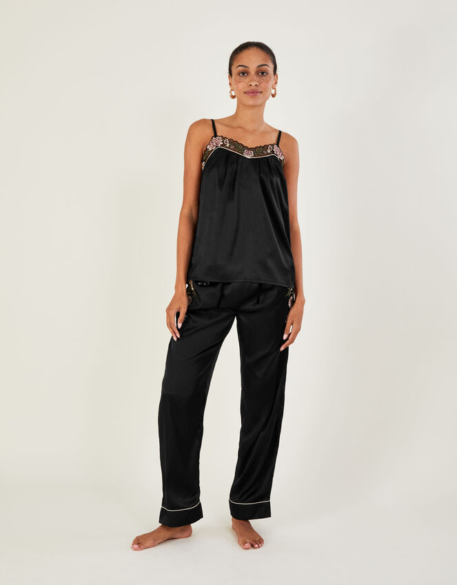 Floral Embroidered Lace Trim Pyjama Cami, Black (BLACK), large