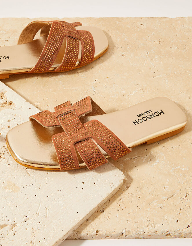 Embellished Heat-Seal Suede Flat Sandals, Gold (GOLD), large