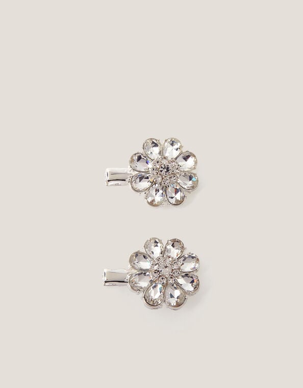 2-Pack Gem Flower Hair Clips, Silver (SILVER), large