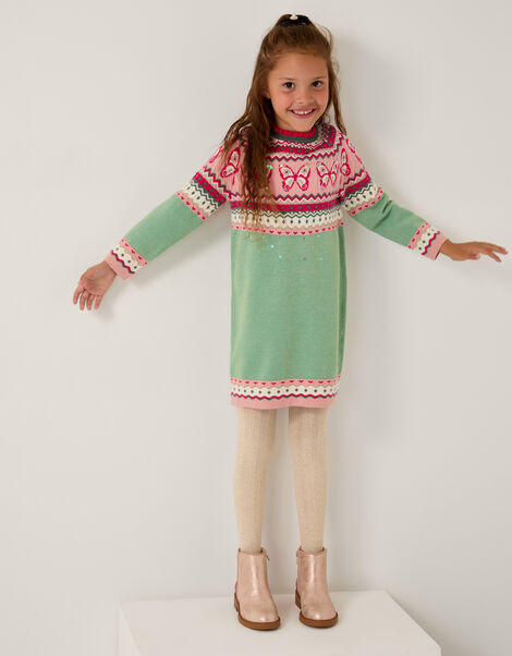 Butterfly Fair Isle Jumper Dress, Green (GREEN), large