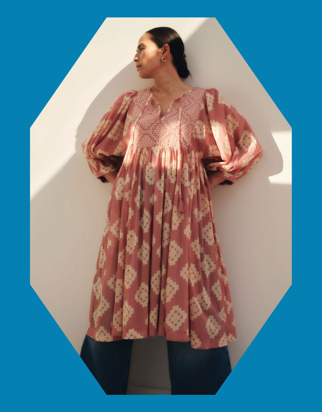 East Kaira Geometric Midi Smock Dress, Pink (BLUSH), large