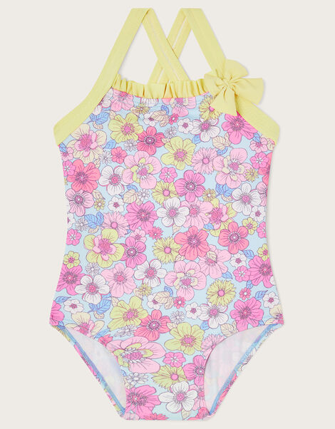 Baby Retro Floral Frill Swimsuit, Blue (BLUE), large