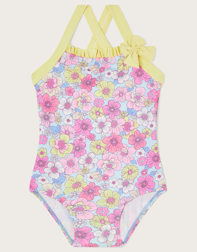 Baby Retro Floral Frill Swimsuit, Blue (BLUE), large