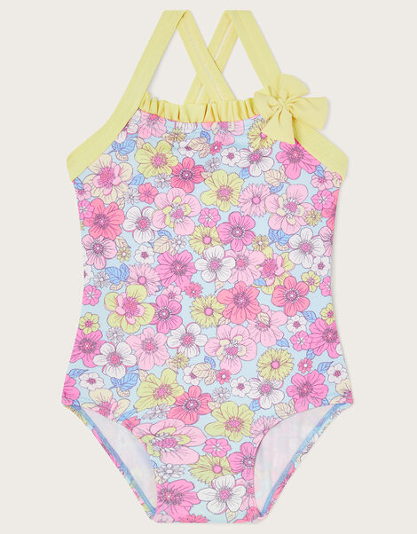 Baby Retro Floral Frill Swimsuit, Blue (BLUE), large