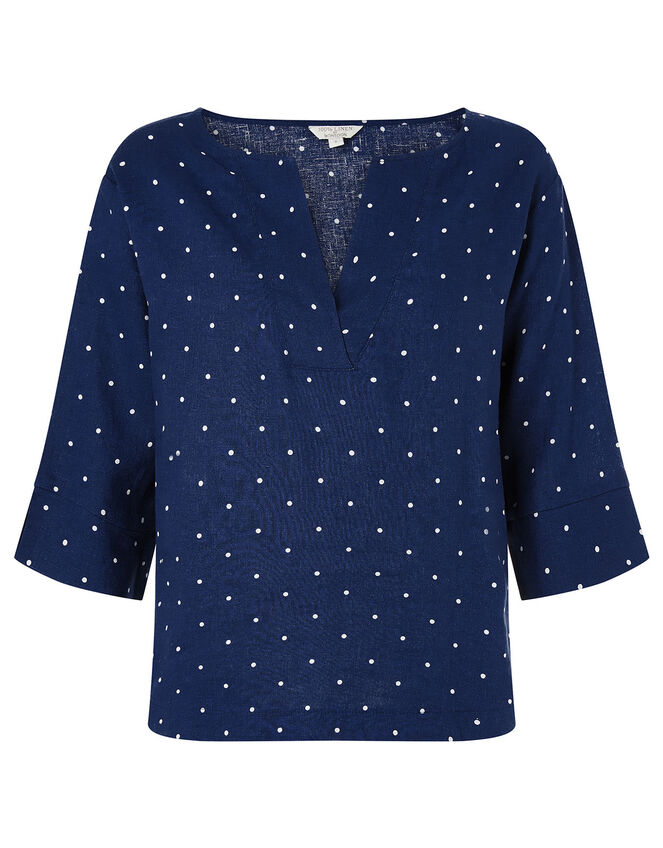 Spot Print Top in Pure Linen, Blue (NAVY), large
