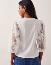 Fi Floral Sheer-Sleeve Top, Ivory (IVORY), large