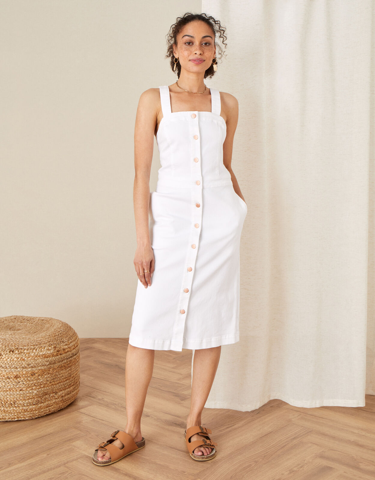 Button Through Denim Pinafore Dress Natural