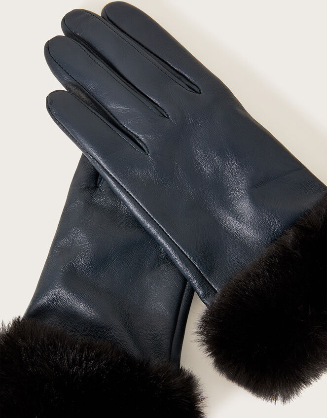 Fur Trim Leather Gloves, Teal (TEAL), large