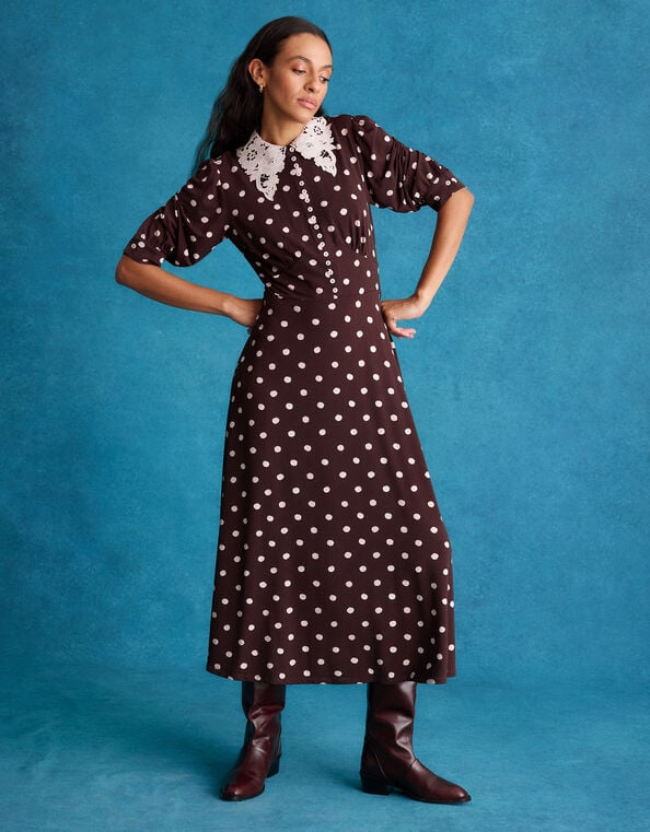 Paris Polka Dot Jersey Midi Dress, Brown (CHOCOLATE), large